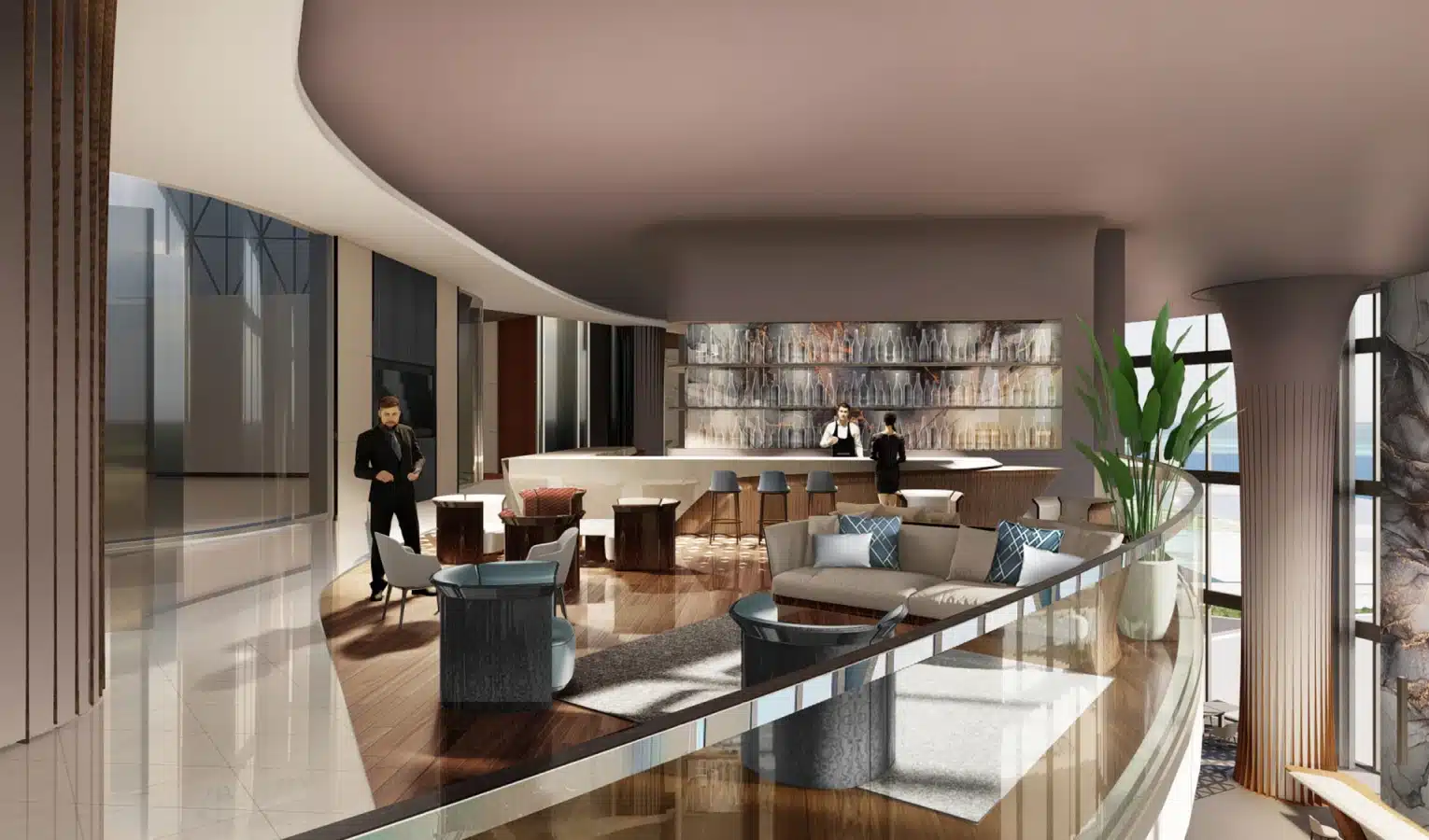 High-end rooftop bar with sleek furnishings, elegant lighting, and ocean views