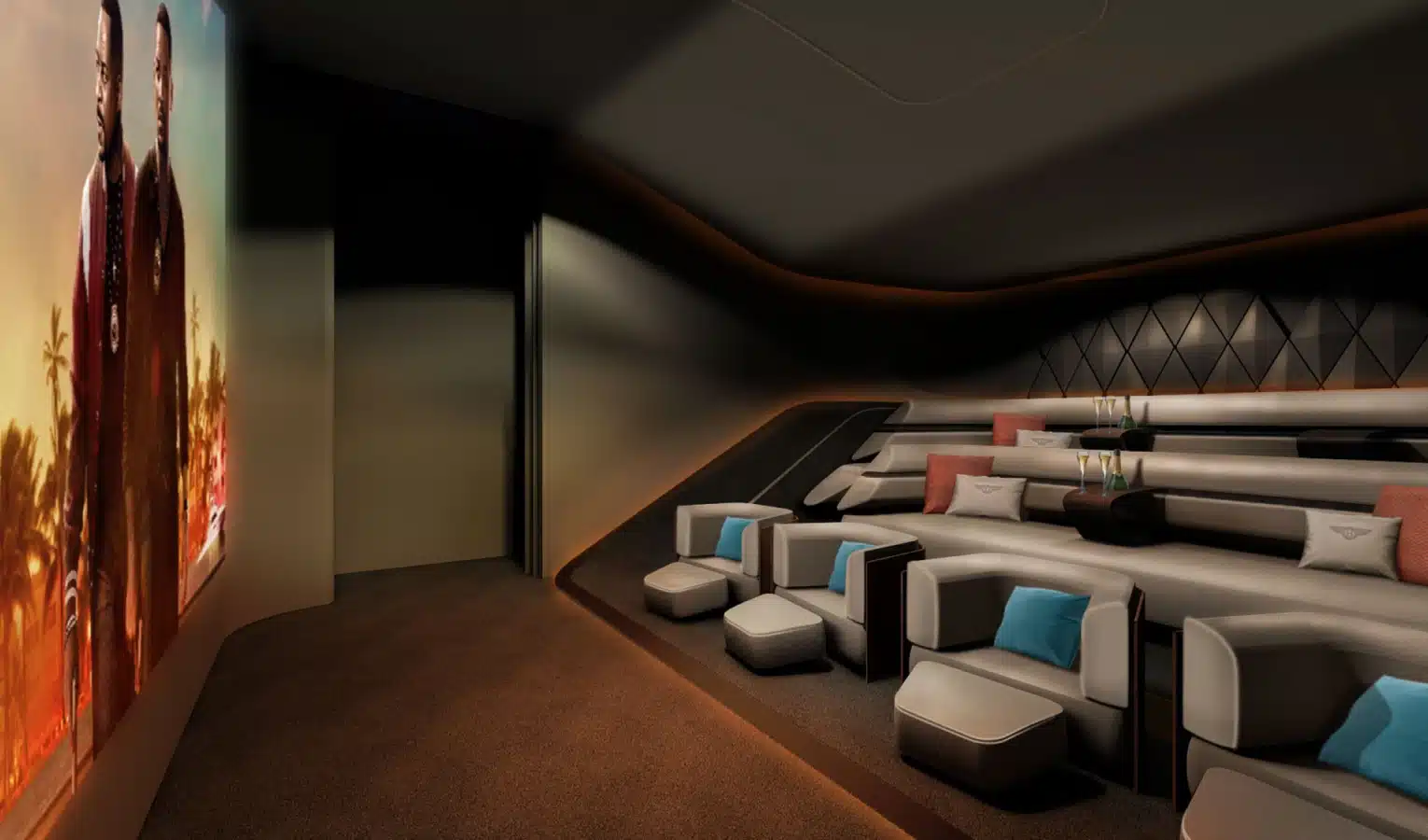 Luxury private cinema with plush seating, ambient lighting, and a large movie screen