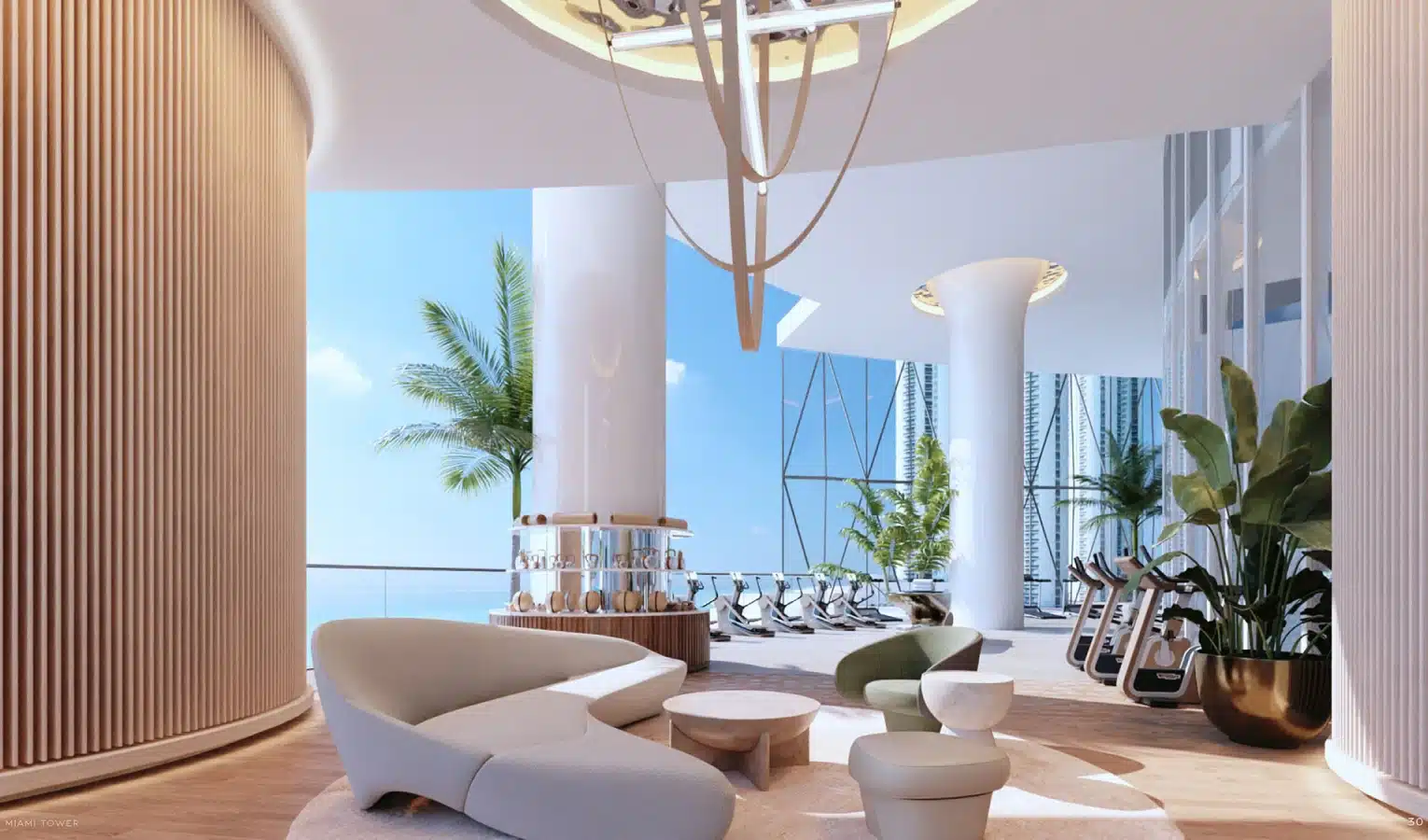 Elegant gym lounge with designer seating, natural lighting, and ocean views