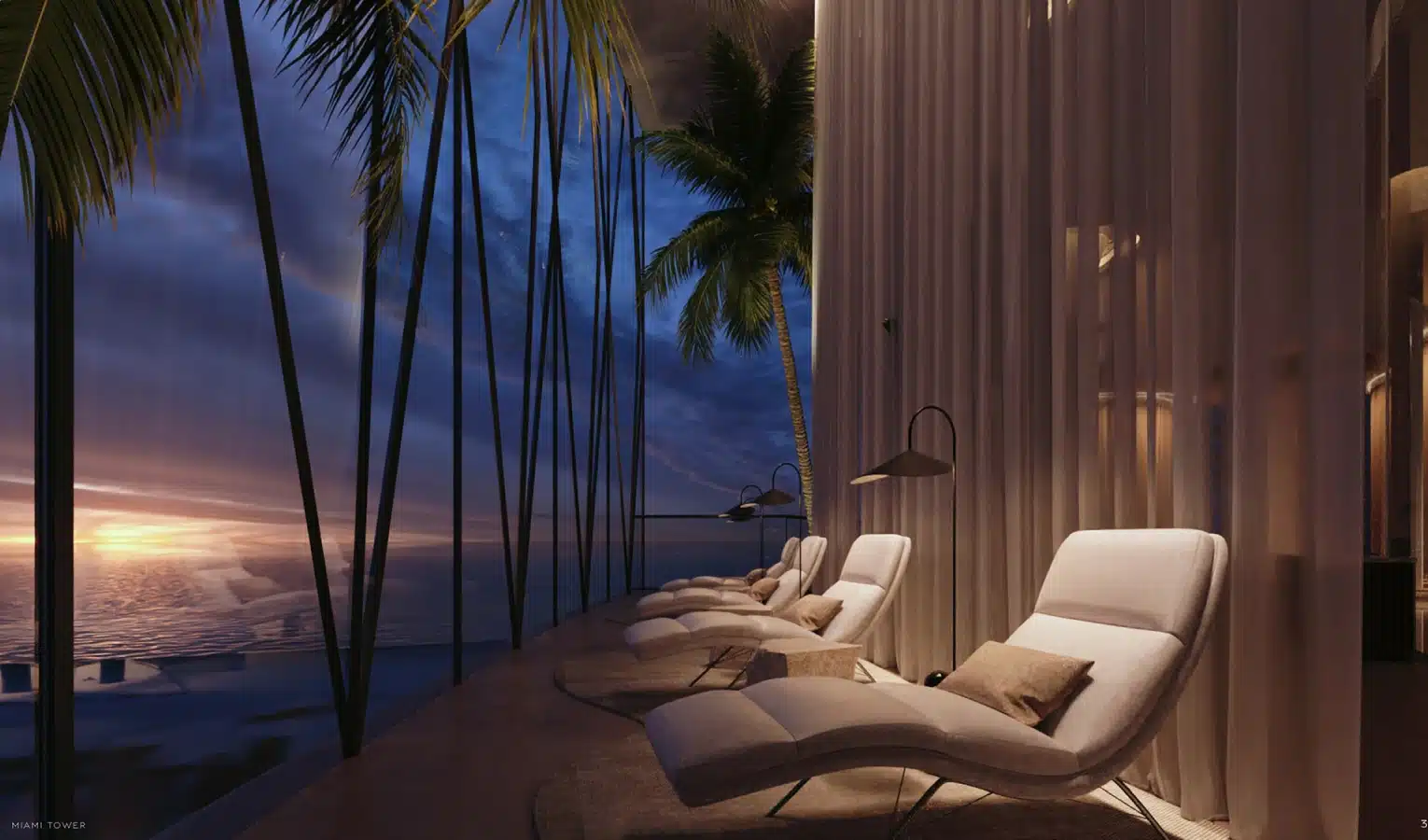 Luxury spa terrace with plush lounge chairs, soft lighting, and breathtaking ocean sunset views