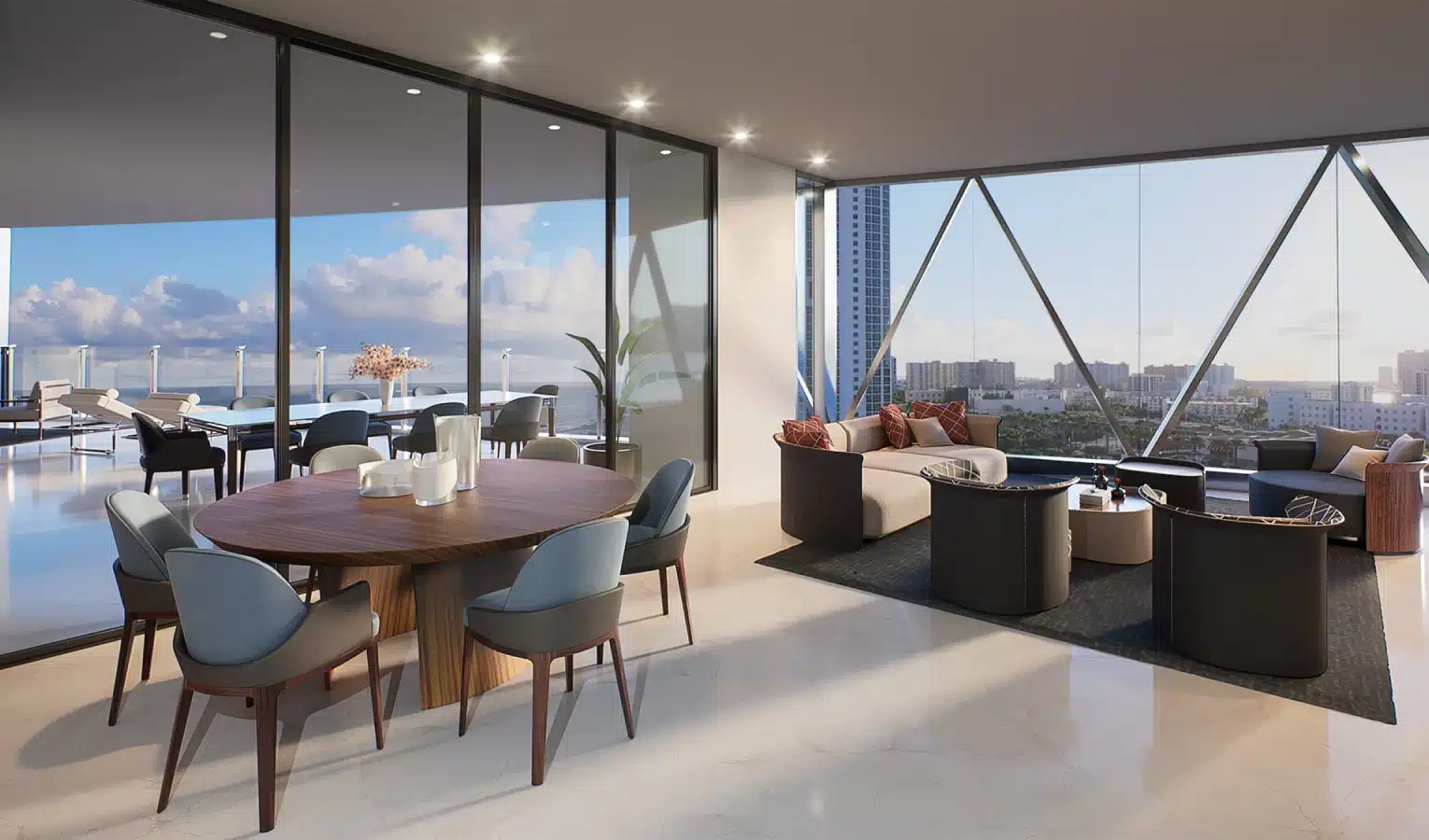 Open-concept living and dining space with floor-to-ceiling windows and oceanfront views