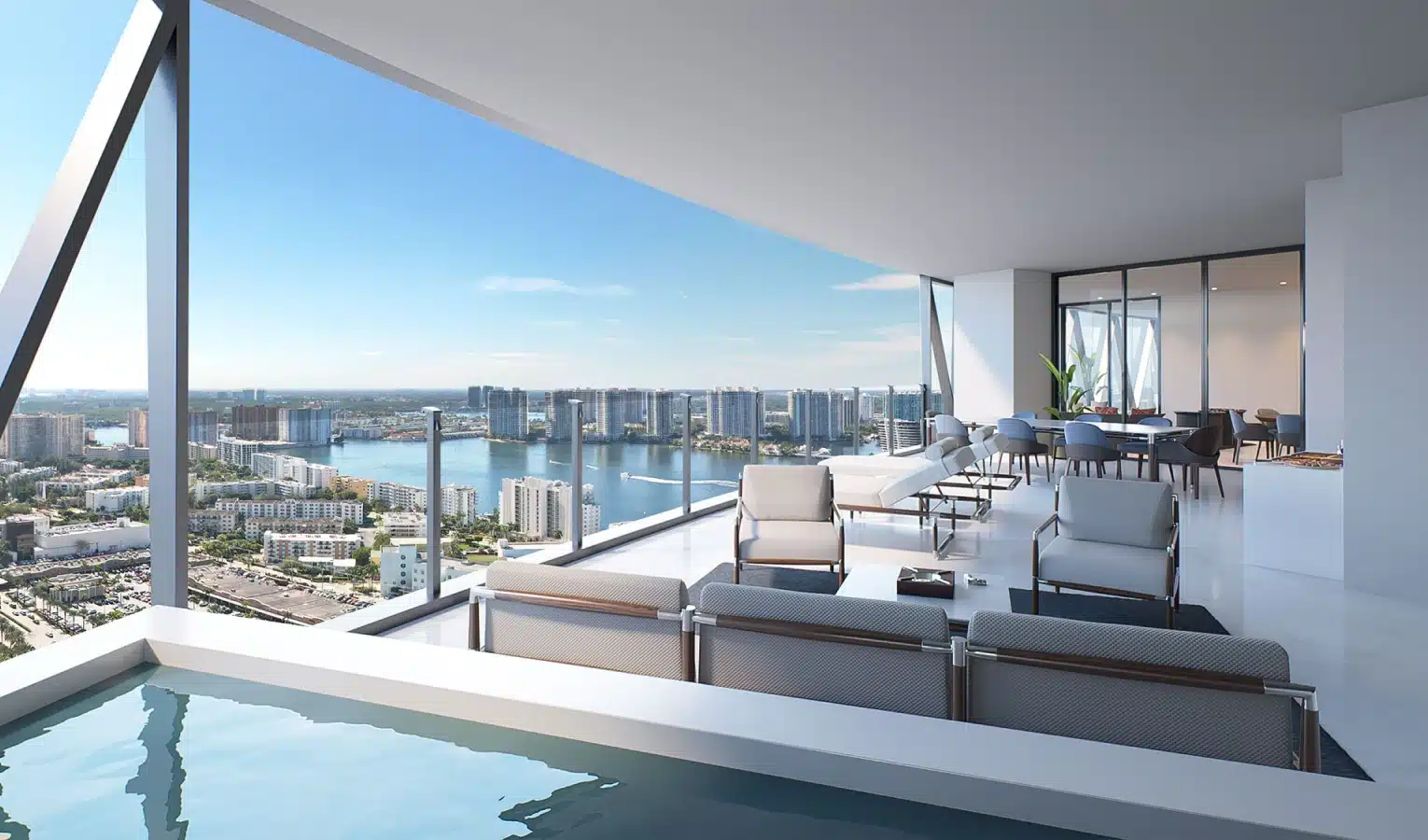 Luxury outdoor space featuring a sleek infinity pool and breathtaking city scenery