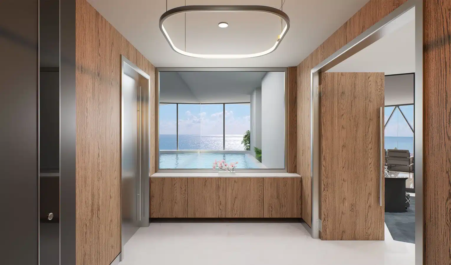 Stylish penthouse entryway with wooden accents and a glass window overlooking a private pool