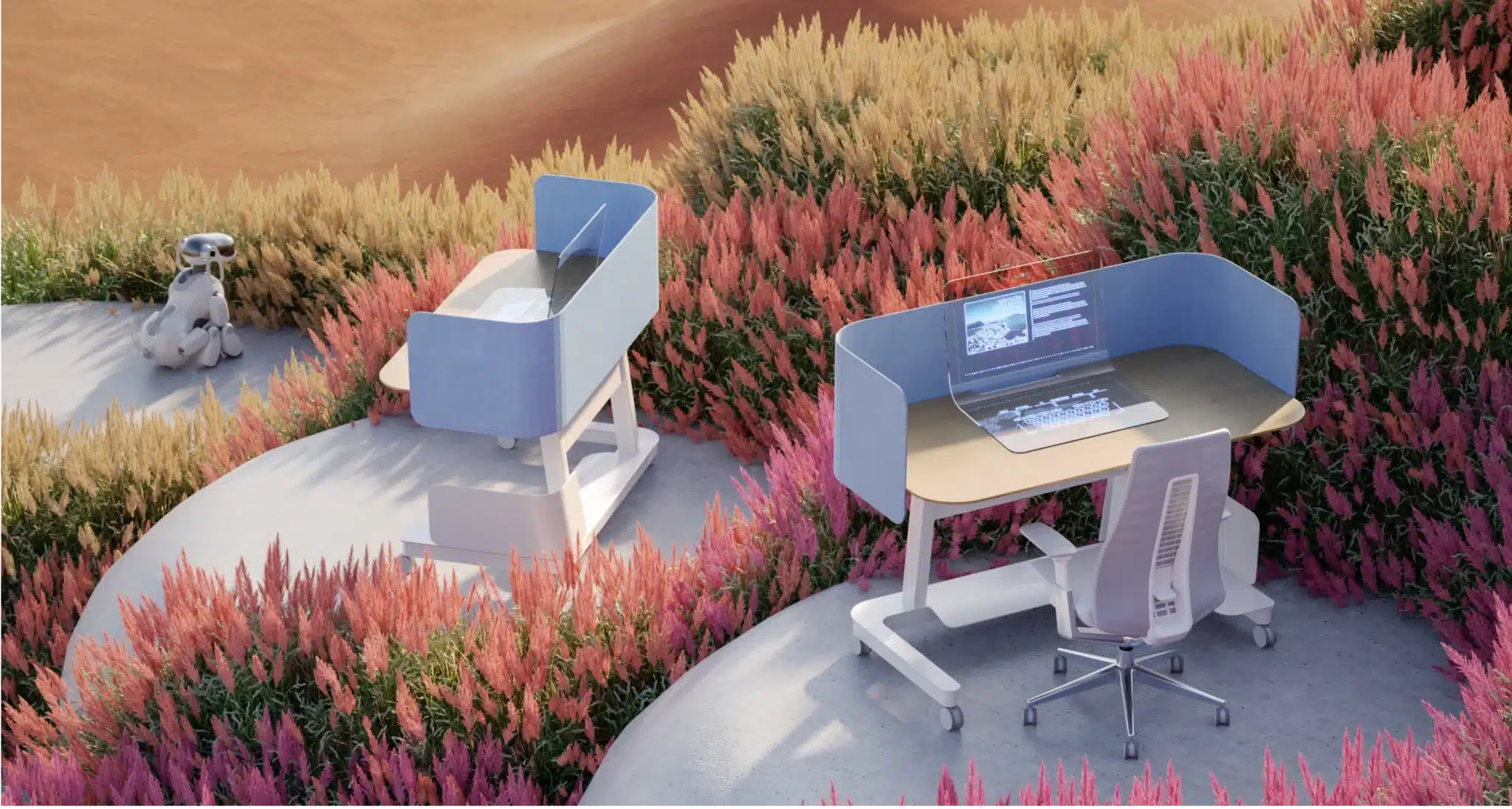 Futuristic outdoor workspace with digital desks surrounded by vibrant pink and green wild grasses