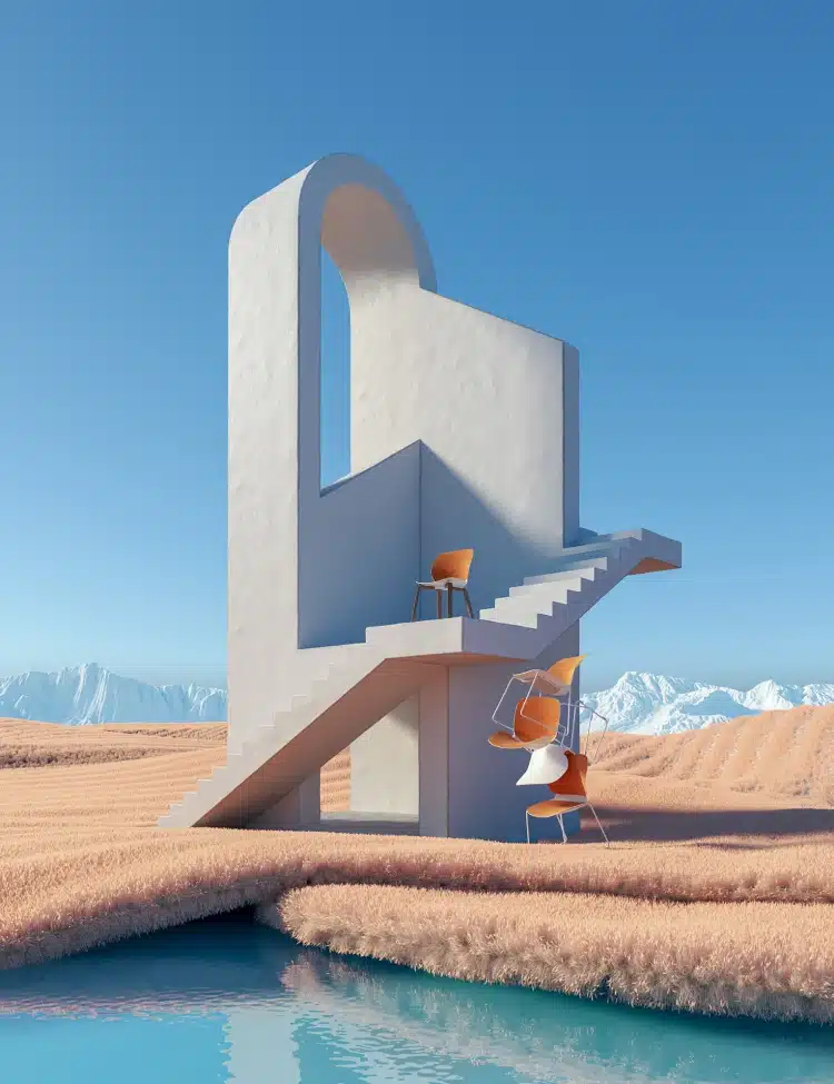 Abstract white staircase structure with orange chairs against a surreal pastel-hued mountain landscape