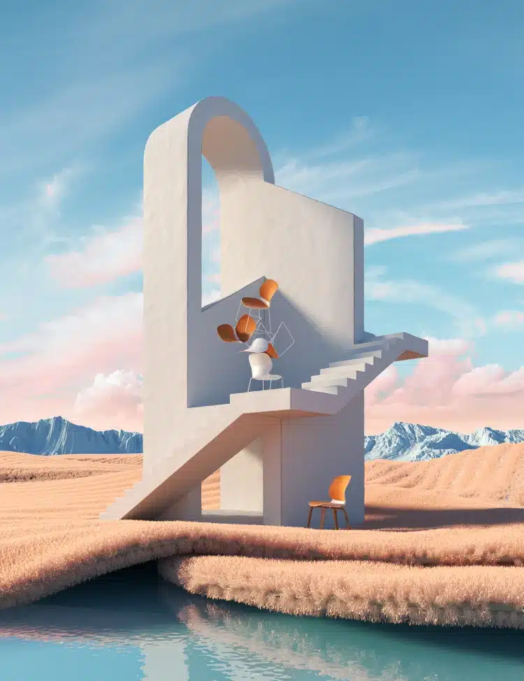 Artistic white stair structure with stacked chairs under a sky of soft pink clouds and mountains