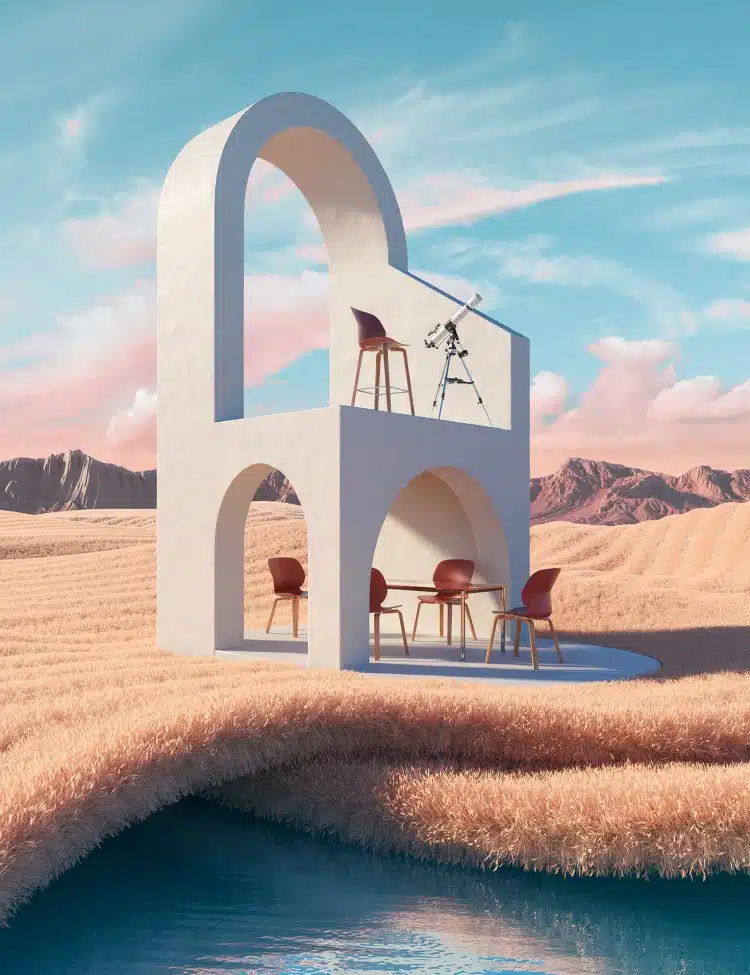 White arched outdoor structure with wooden chairs and a telescope, overlooking a pastel mountain range