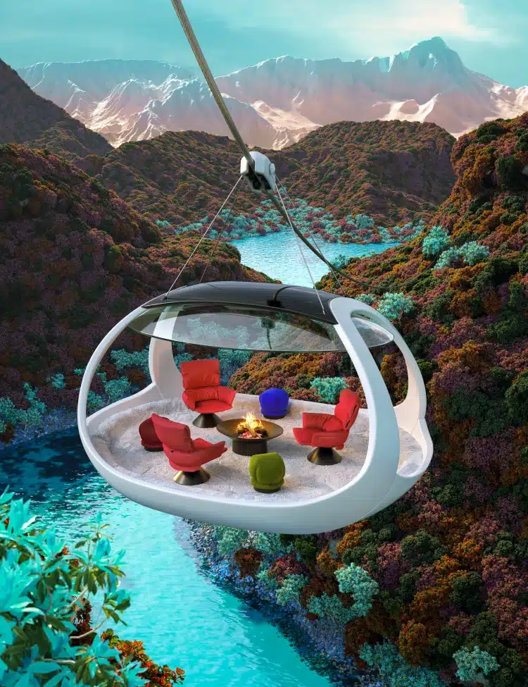 Futuristic hanging lounge pod with plush red chairs floating above a turquoise river valley