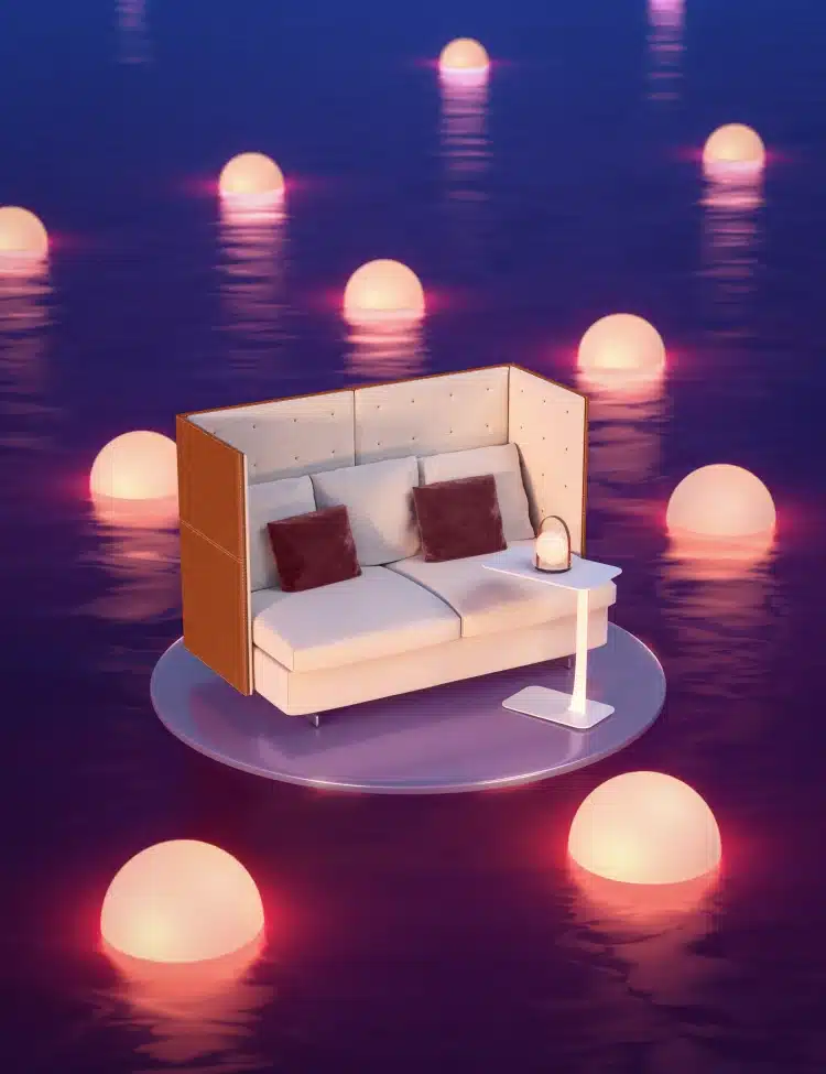 Floating circular sofa with a small table surrounded by glowing orbs on calm purple water