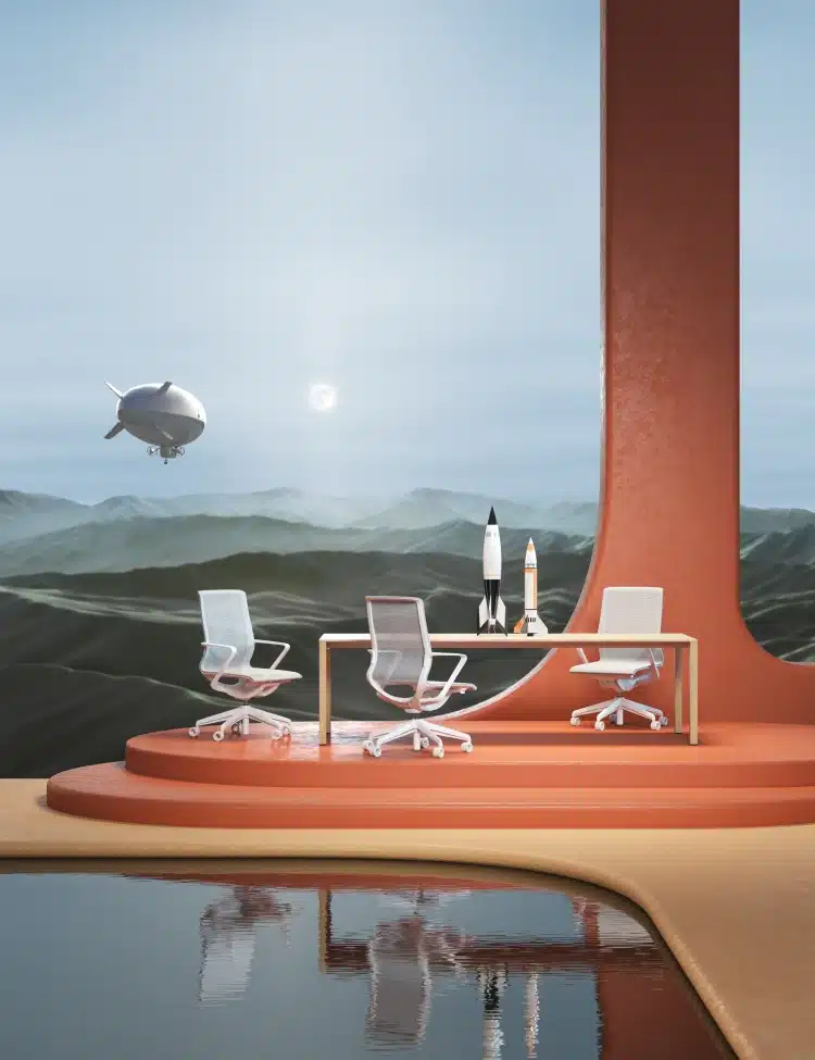 Futuristic workspace featuring white chairs, a minimalist desk, and space exploration models