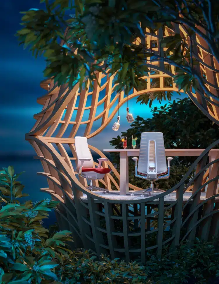 Dreamy open-air workspace with modern chairs and hanging lights in a lush treetop hideaway