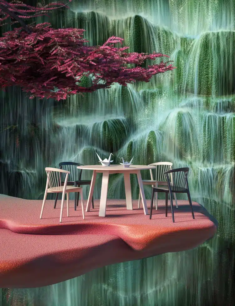 Floating dining table on a surreal red platform overlooking cascading waterfalls and lush greenery