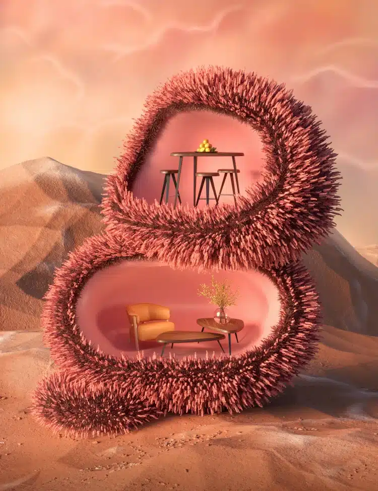 Unique cave-like seating areas covered in soft pink spines within a surreal desert landscape