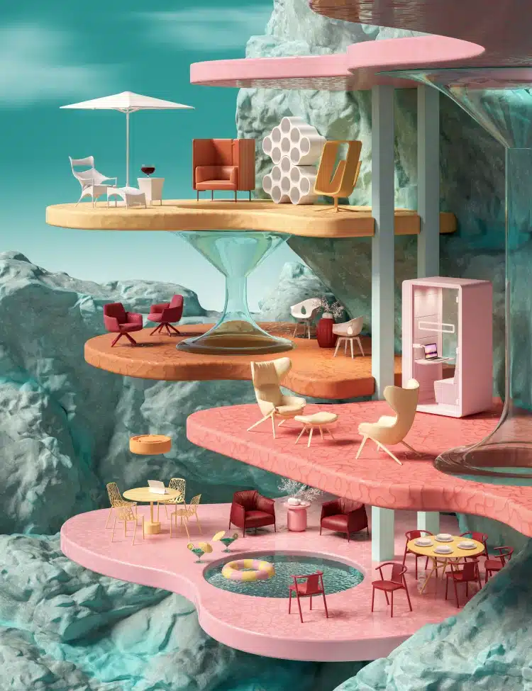 Multi-level futuristic home with pastel platforms, modern furniture, and sculptural architectural design