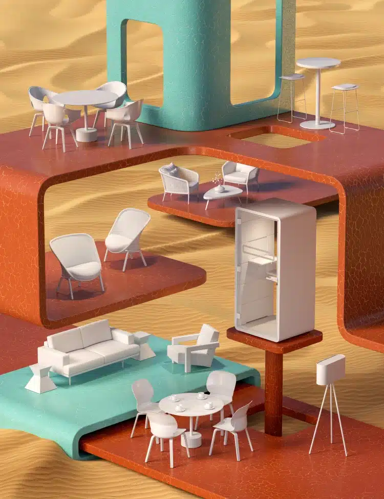 Imaginary multi-level desert home with sleek white furniture and curved orange and teal platforms