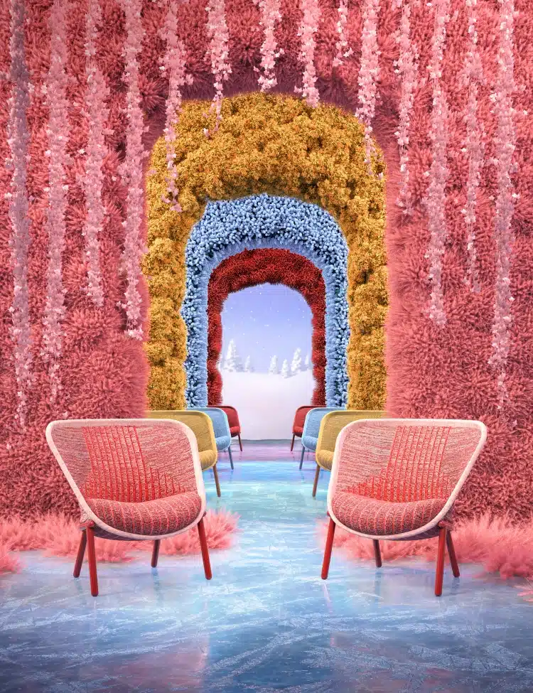 Surreal icy pathway lined with colorful archways and woven red chairs leading to a snowy landscape