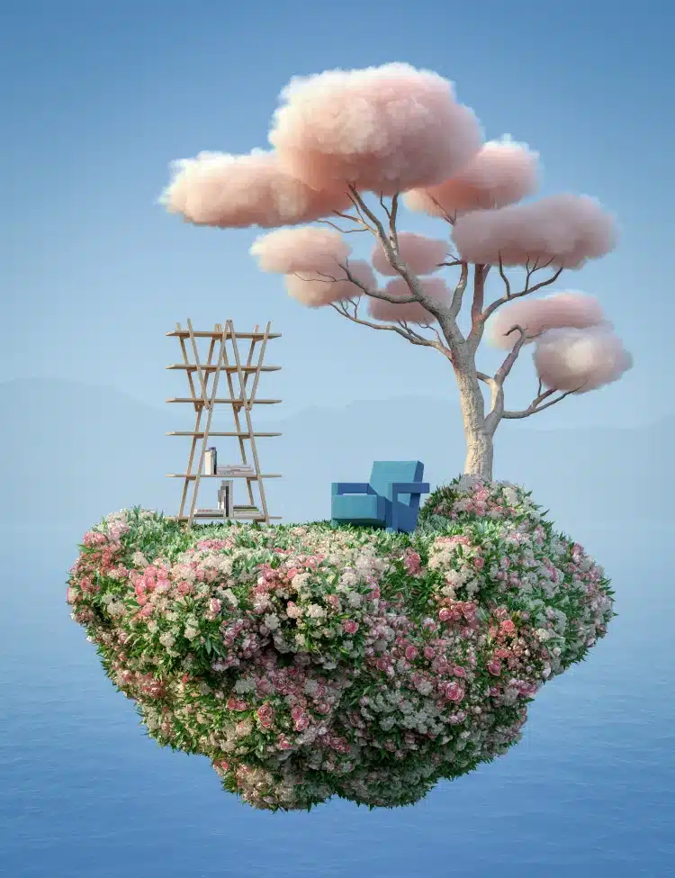 Floating garden island with a pink cloud tree, bookshelf, and cozy chair over calm blue waters