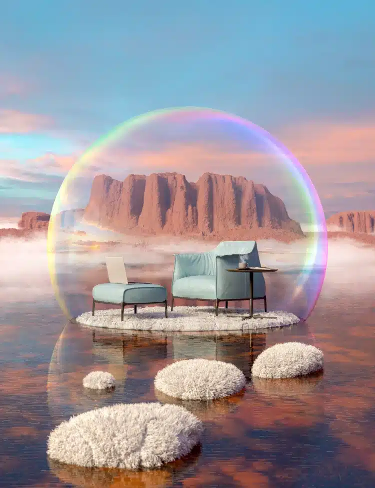 Surreal relaxation space with blue armchairs inside a protective iridescent dome over water