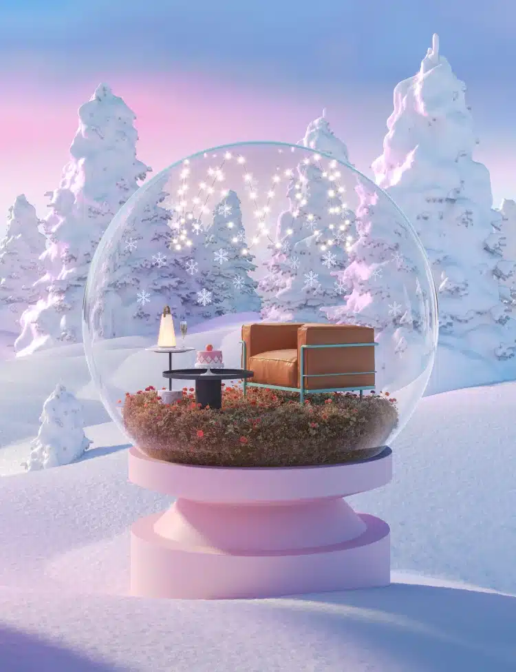 A magical glass snow globe with a cozy leather chair inside, set in a snowy forest wonderland.