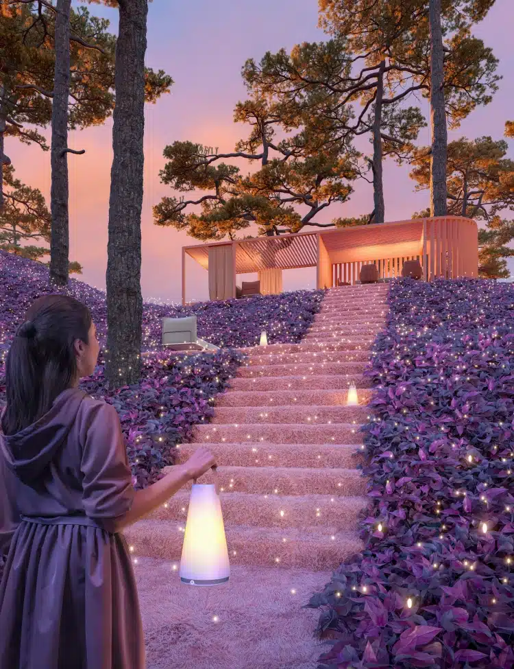Enchanted twilight scene with a woman carrying a glowing lantern, ascending illuminated garden stairs
