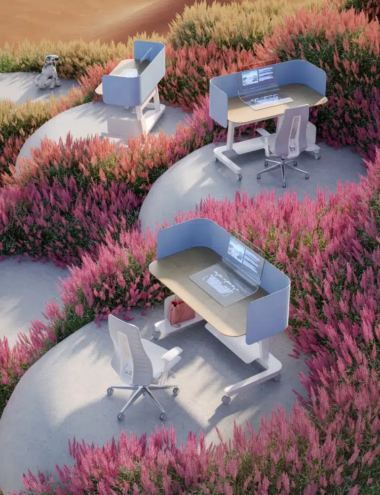 Futuristic outdoor workstations with curved desks and digital screens surrounded by pink wildflowers