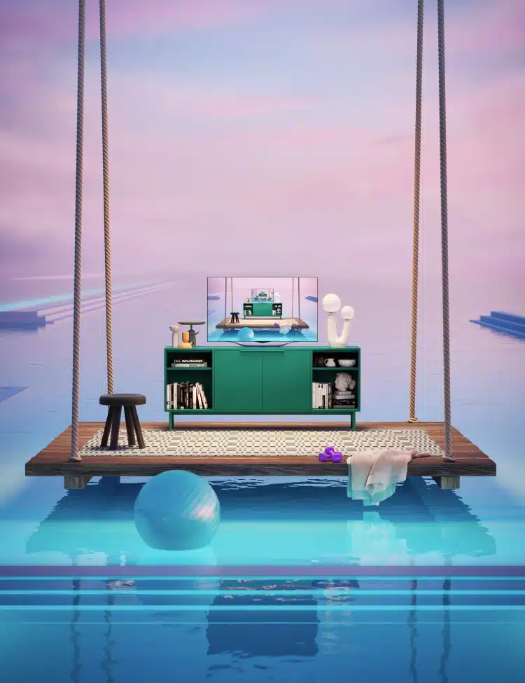 Floating wooden platform workspace suspended over calm water with a green cabinet and decor