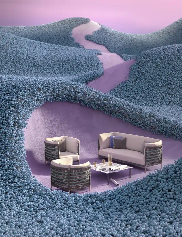 Imaginary outdoor lounge nestled in a lavender-toned valley with plush seating and a coffee table