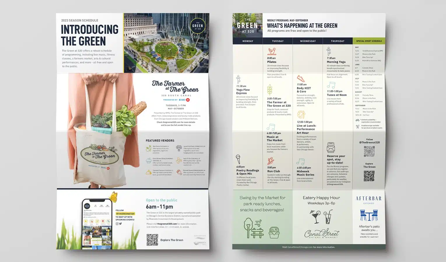 Folded promotional brochure advertising Chicago's Green at 320 seasonal activities and vendors
