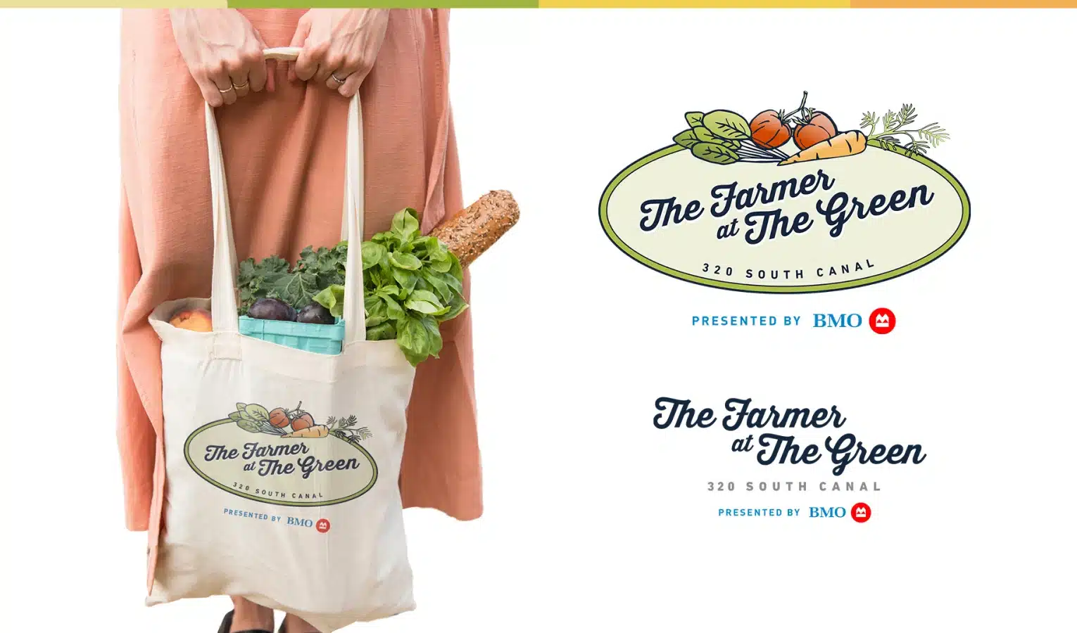 Tote bag with vegetables branded “The Farmer at The Green” held by person in orange dress