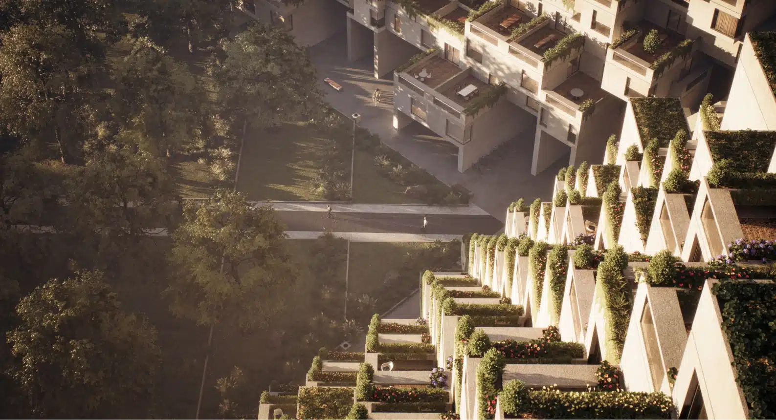Aerial view of stepped triangular terraces with lush greenery and elevated pedestrian pathway below