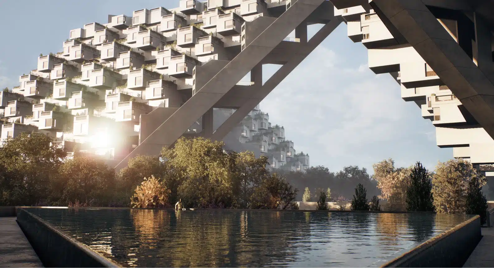 Reflective water feature sits beneath angled concrete arches supporting Habitat 67’s geometric architecture