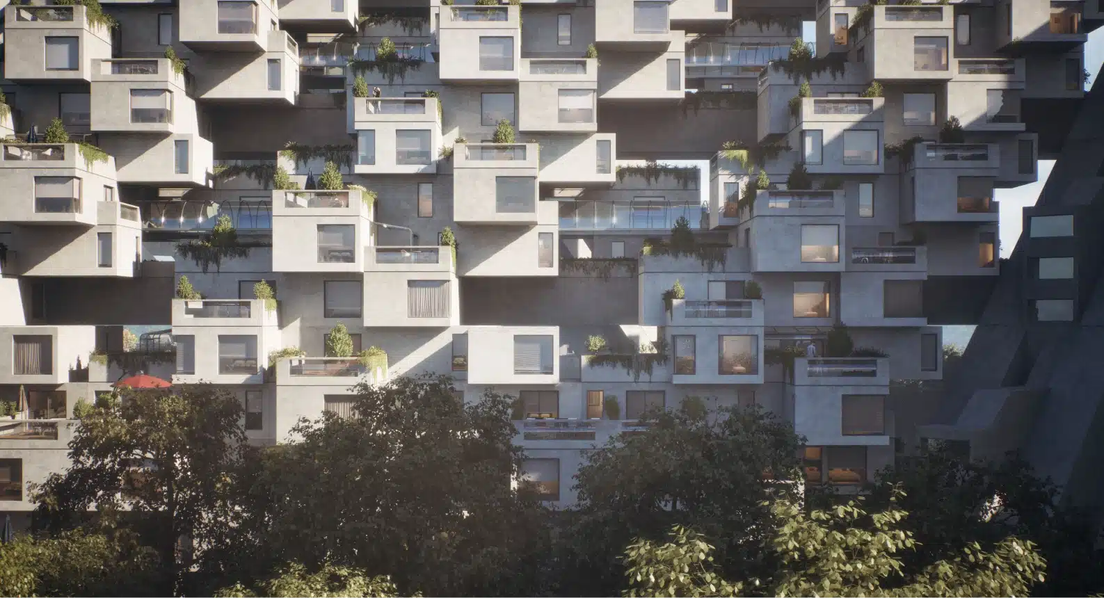 Close-up of Habitat 67’s box-like units with large windows and greenery on staggered balconies
