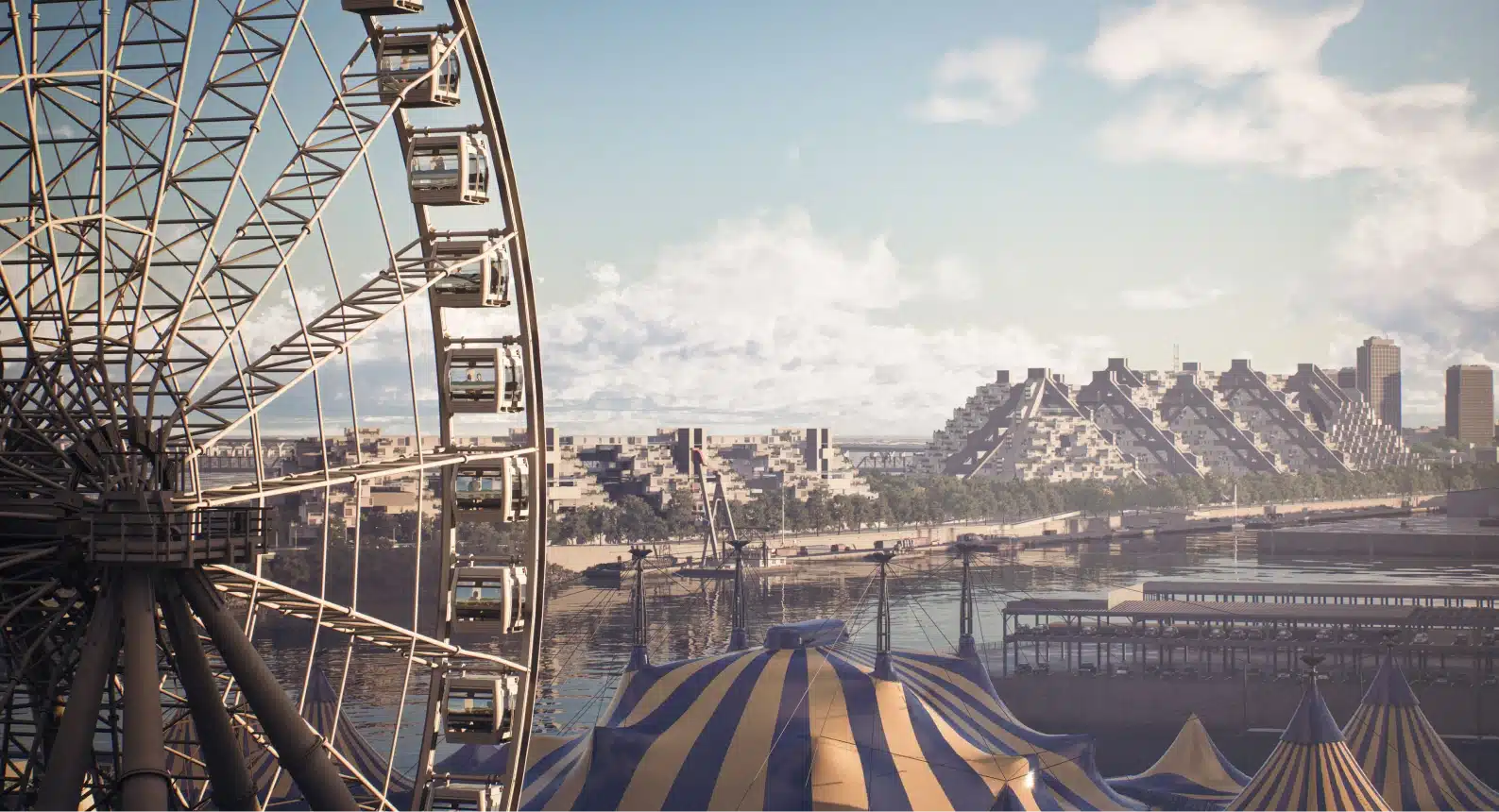 Ferris wheel in foreground with Habitat 67's pyramid structure visible across water