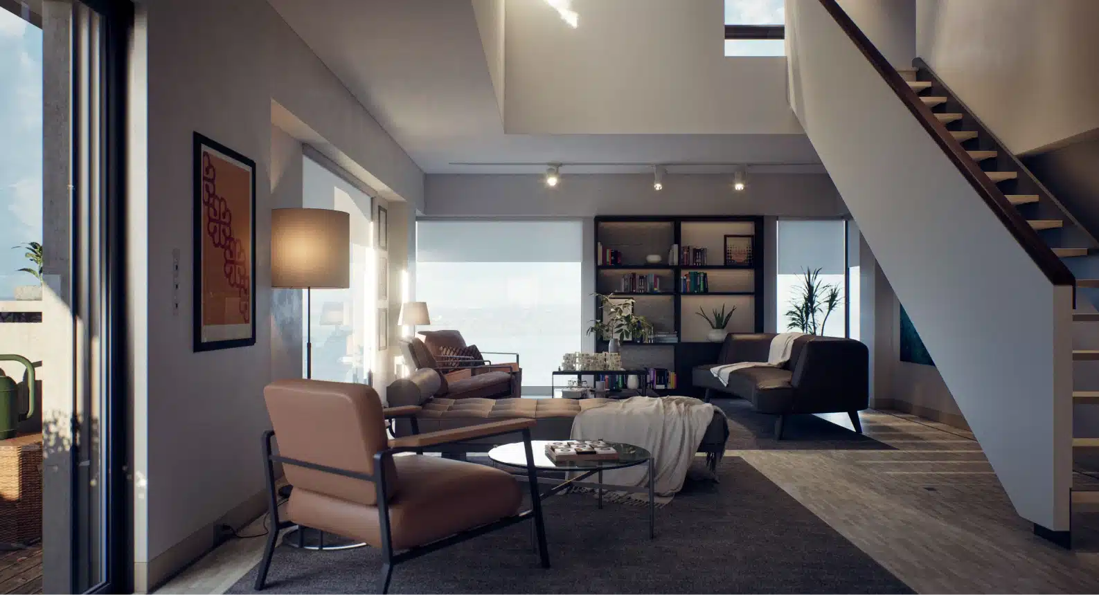 Contemporary open-concept living room with ample seating, staircase, and built-in bookshelf near windows