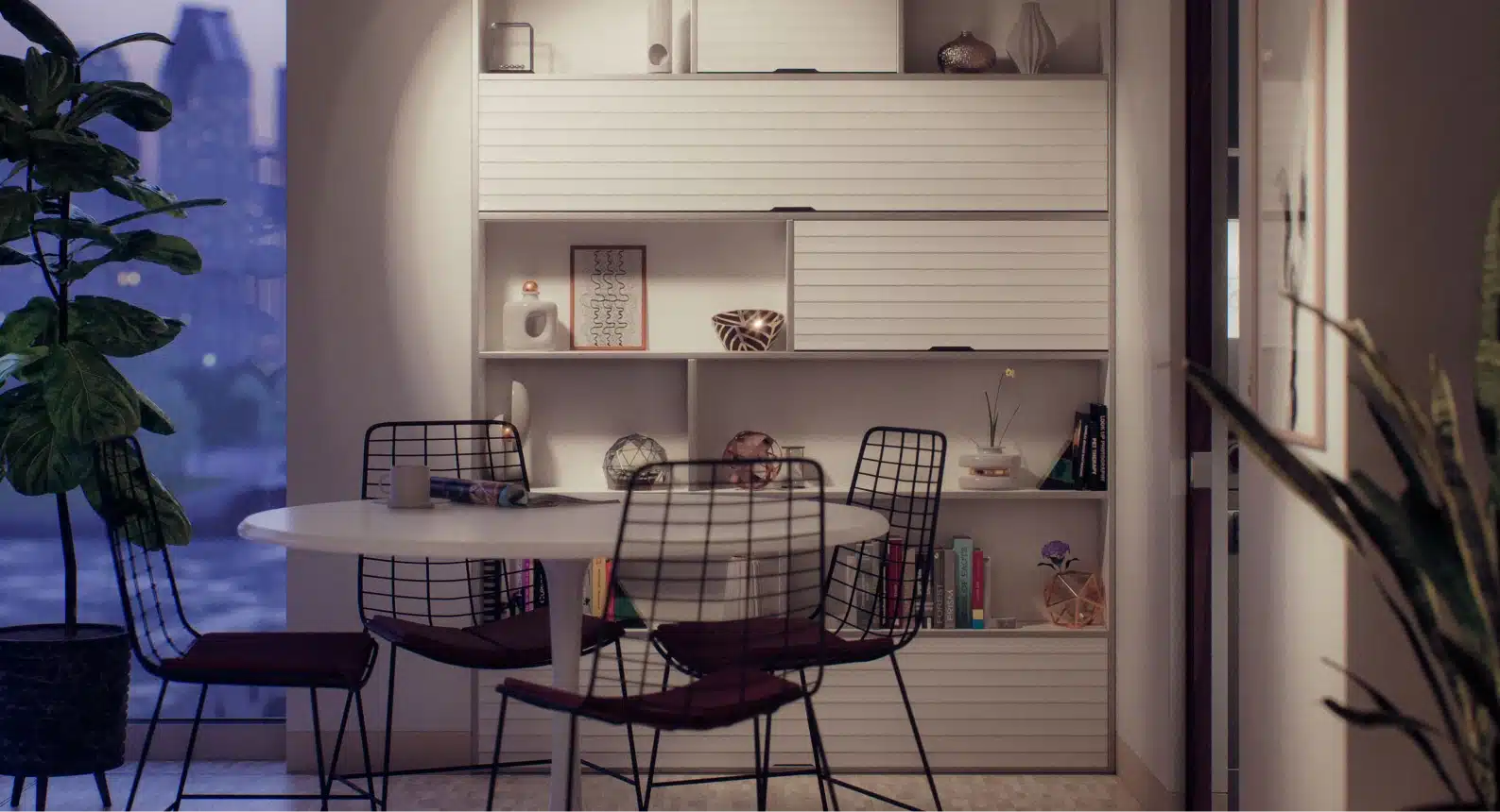 Nighttime dining nook with wire chairs and minimalist shelving adorned with modern decorative accents