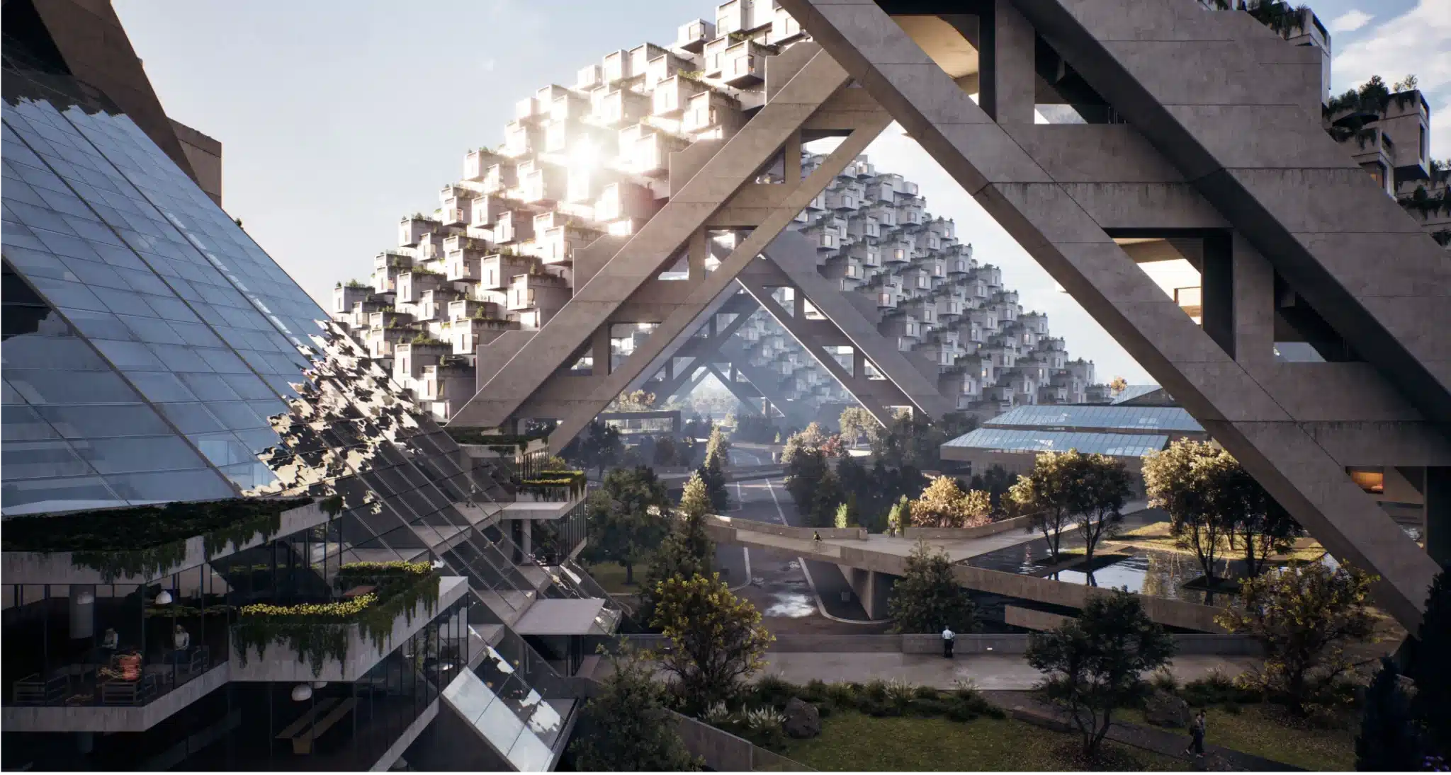 Architectural view of Habitat 67 showing triangular concrete frames and lush central green park below
