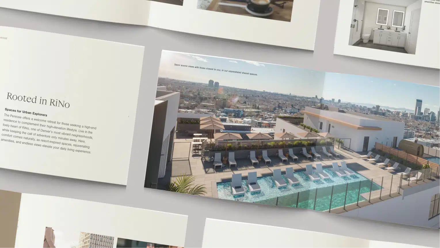Brochure page with rooftop pool deck with lounge chairs, umbrellas, and panoramic Denver skyline