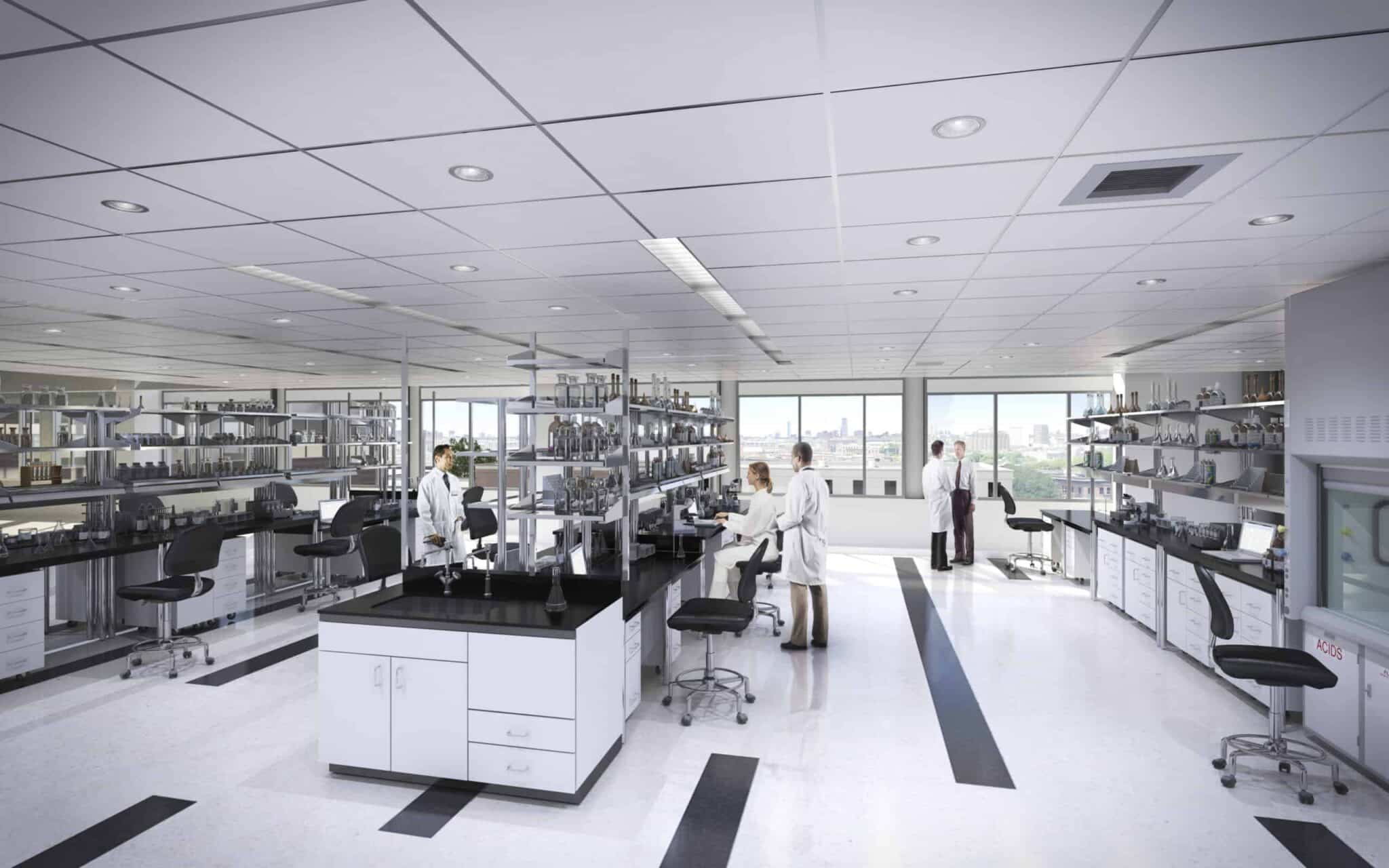 Bright, modern laboratory with scientists working and conversing in a collaborative research environment