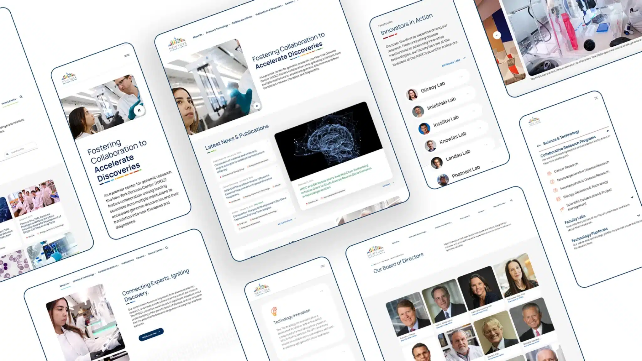 Multiple NYGC website screens showing collaborative genomic research and user-friendly navigation structure