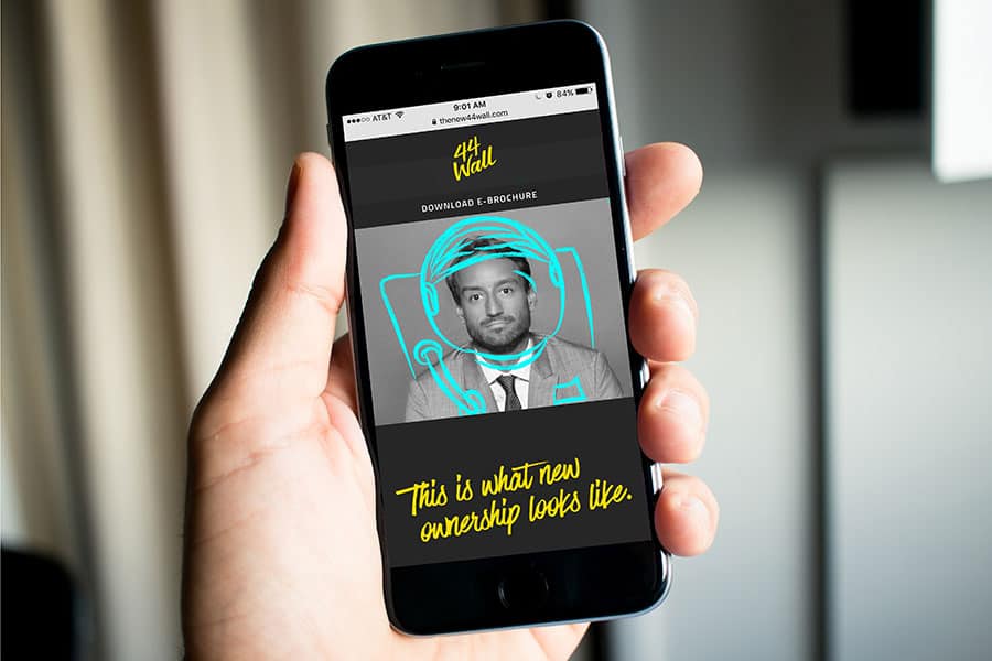 Mobile ad shows 44 Wall real estate brochure page featuring playful illustrated business portrait