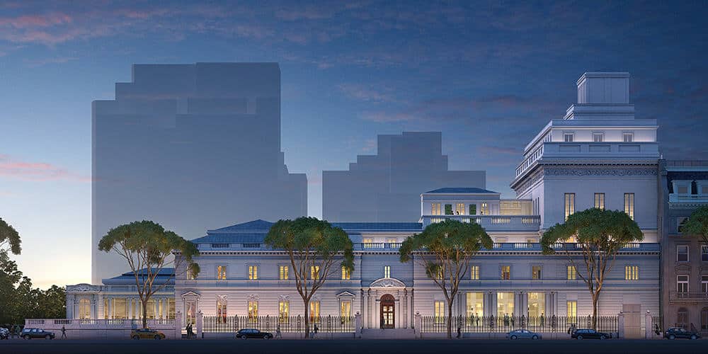 Elegant architectural rendering of Frick Collection extension surrounded by silhouetted city buildings