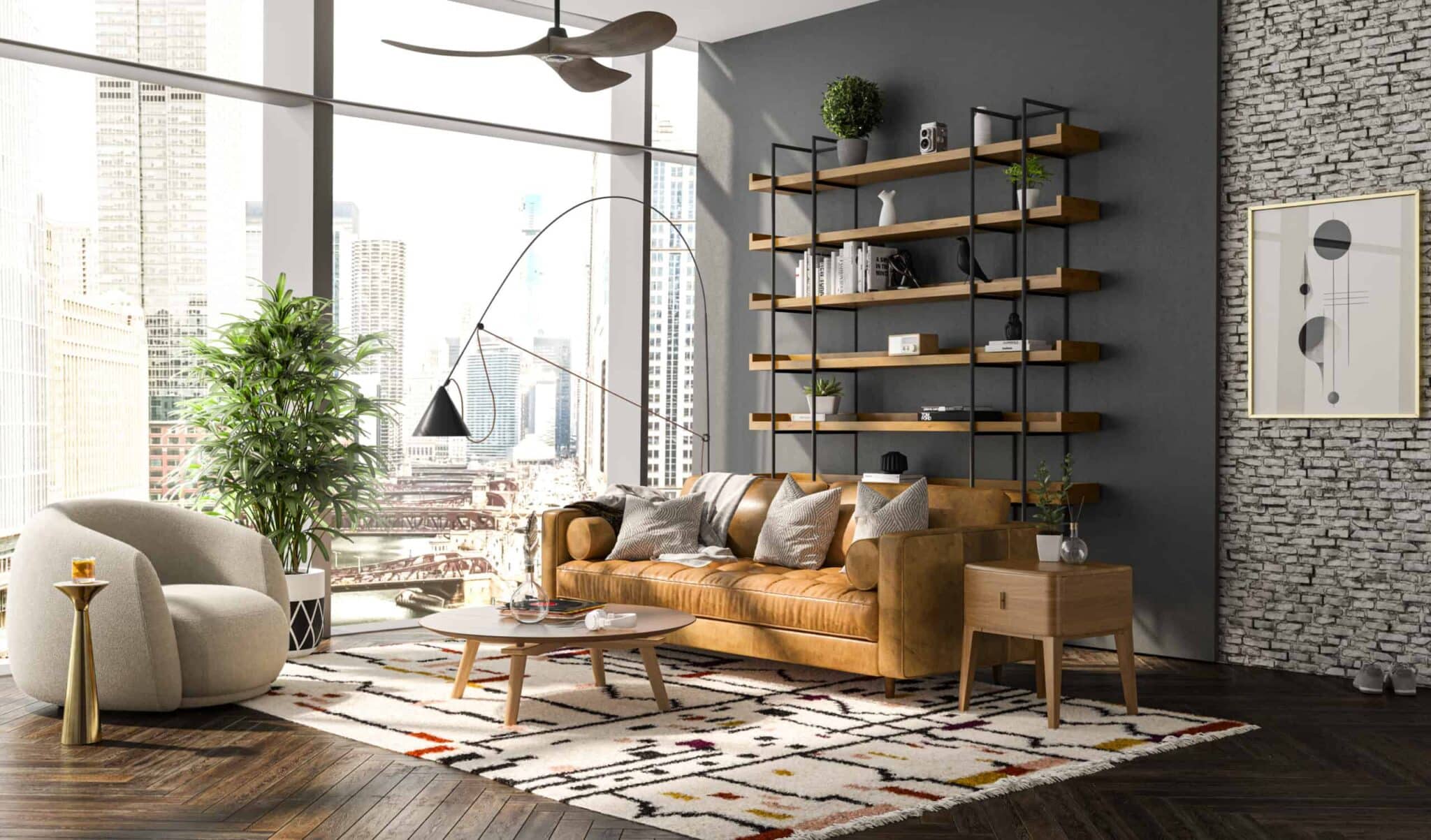 Chic living room with leather couch, city skyline views, and floating bookshelves against dark wall