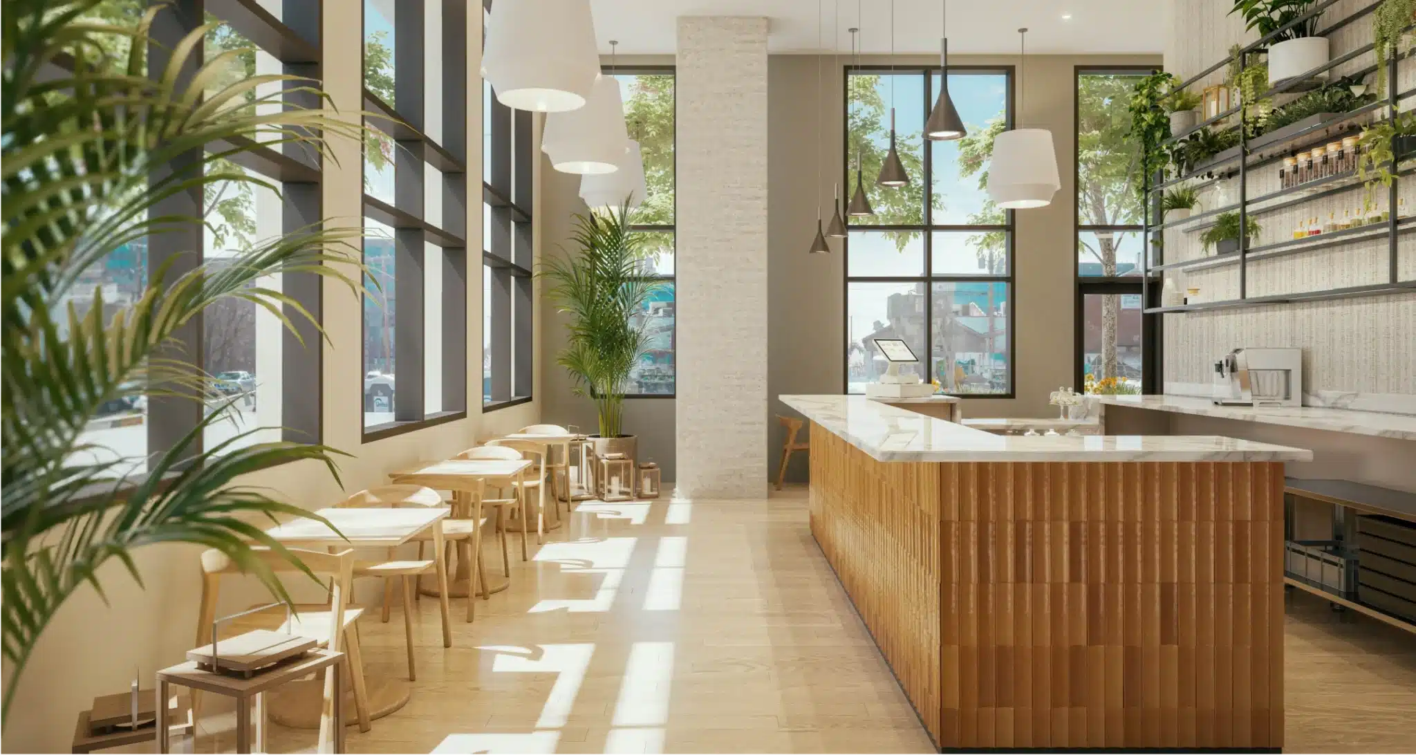 Bright, natural-light-filled café interior with large windows, wood textures, and modern seating