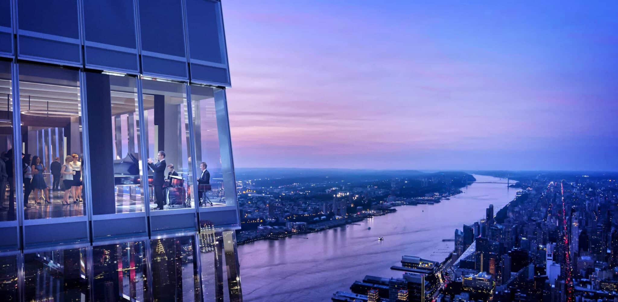 Musicians perform in high-rise glass room with panoramic city view during twilight event