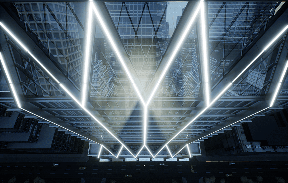 High-rise tower illuminated with dynamic white lights forming V-shapes across facade at night