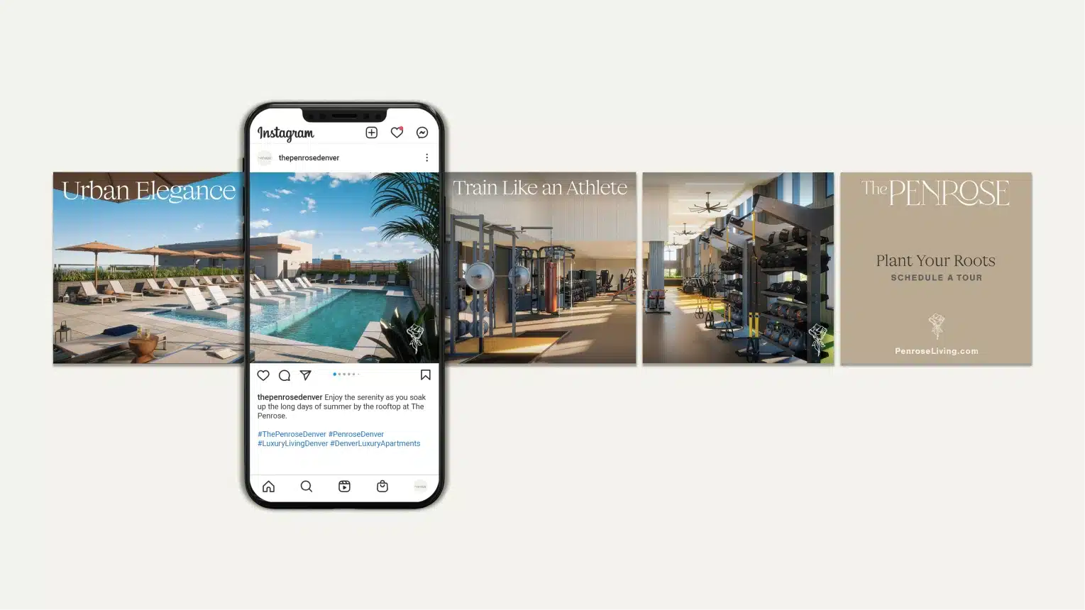 Branded social media carousel featuring Penrose gym interior, rooftop amenities, and call-to-action