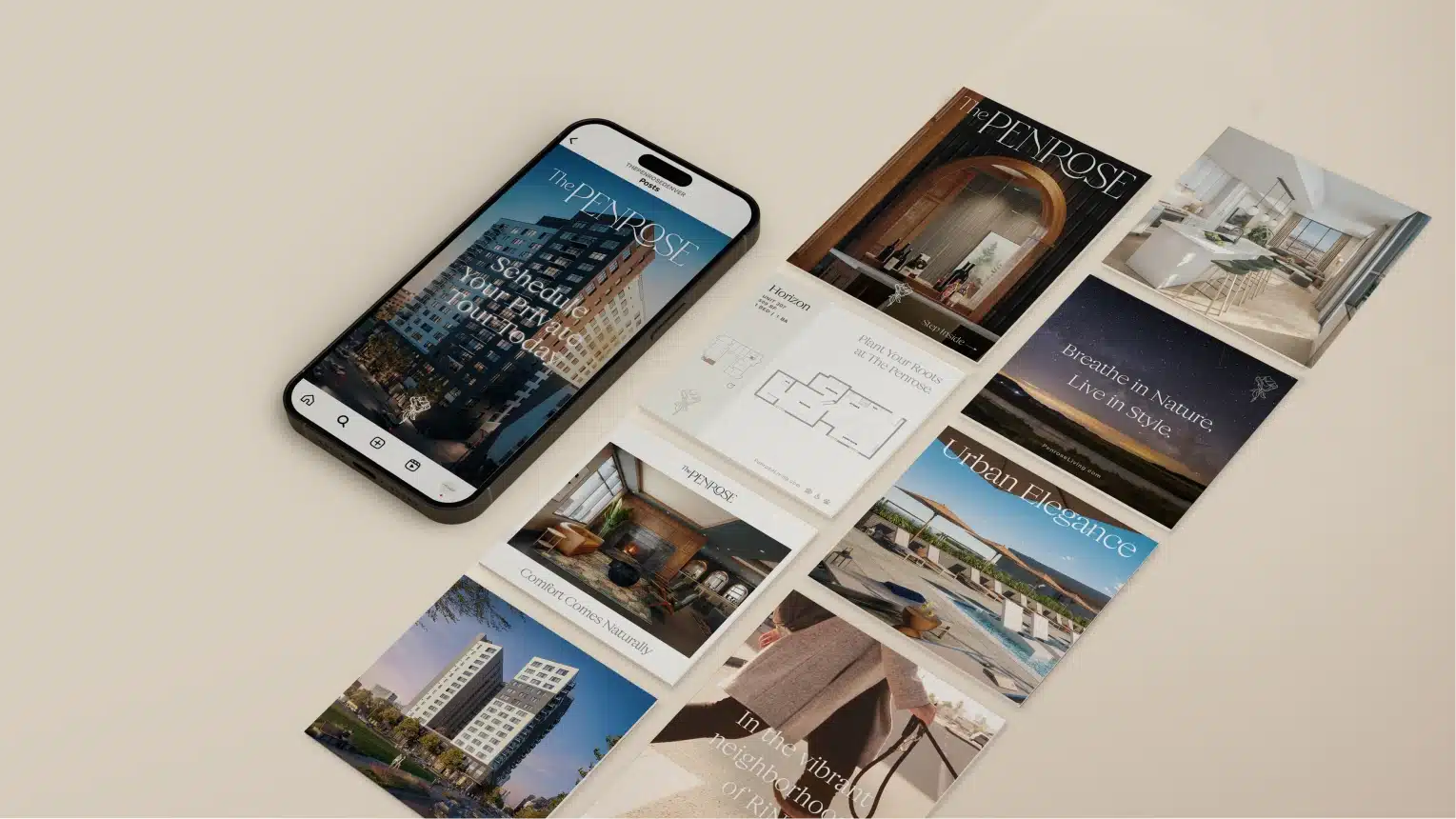 Top-down view of Penrose social content layout, mobile interface, and branded marketing pieces.